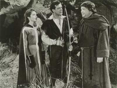 Richard Greene as Robin Hood, Bernadette O'Farrell as Maid Marian, and Alexander Gauge as Friar Tuck in The Adventures of Roin Hood (1955-1960)